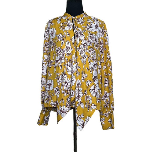 Forever 21 yellow mustard floral long sleeves boho blouse size Large - Picture 1 of 8